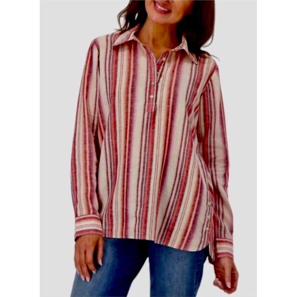 Denim & Co. Linen Viscose coastal beachy Long Sleeve Blouse Shirt Rose Stripe L